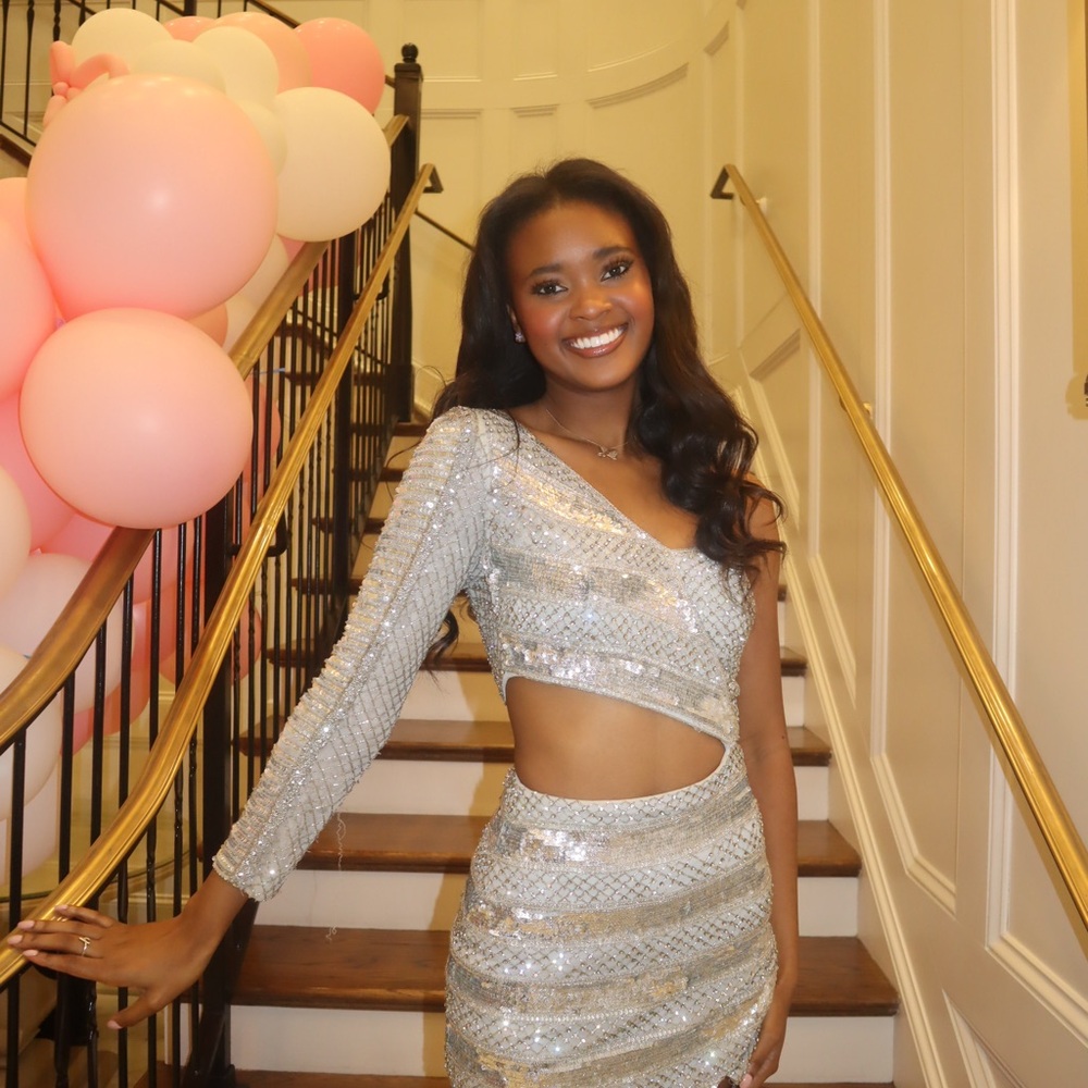 Sherri Hill Silver Sequin Cutout Dress